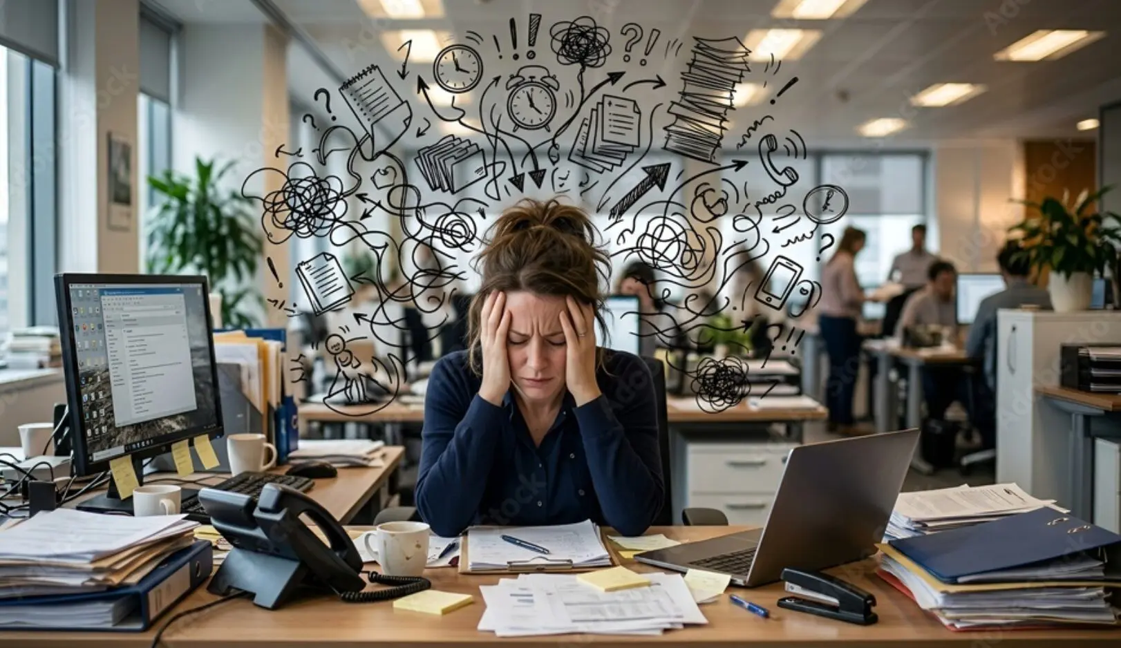 woman at messy desk photo